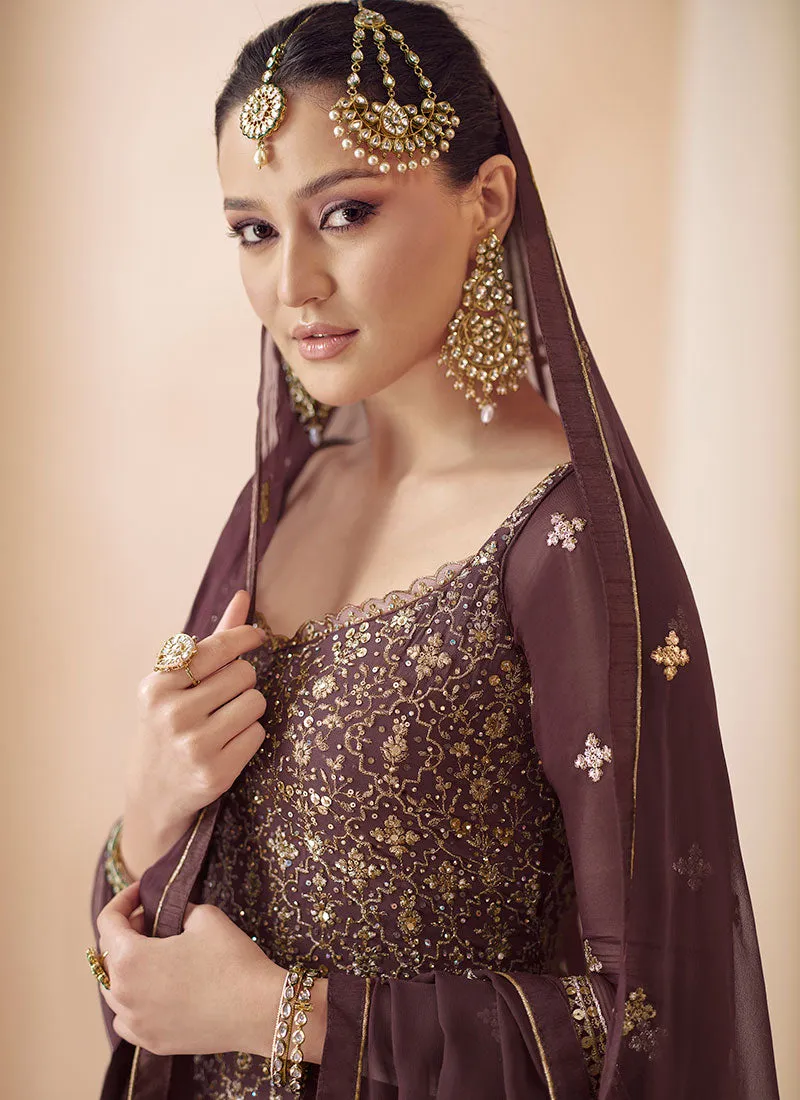 Deep Brown Multi Embroidered Wedding Lehenga Kurti And Dupatta