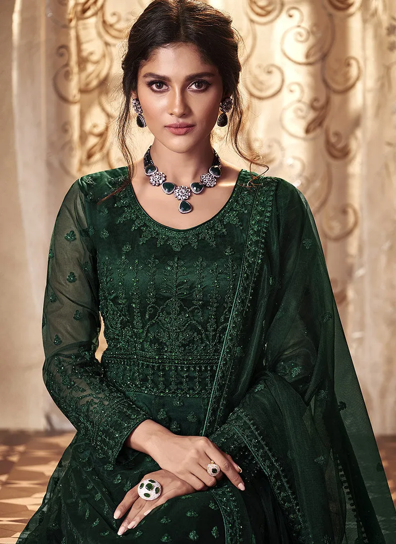 Deep Green Embroidered Flared Anarkali Suit