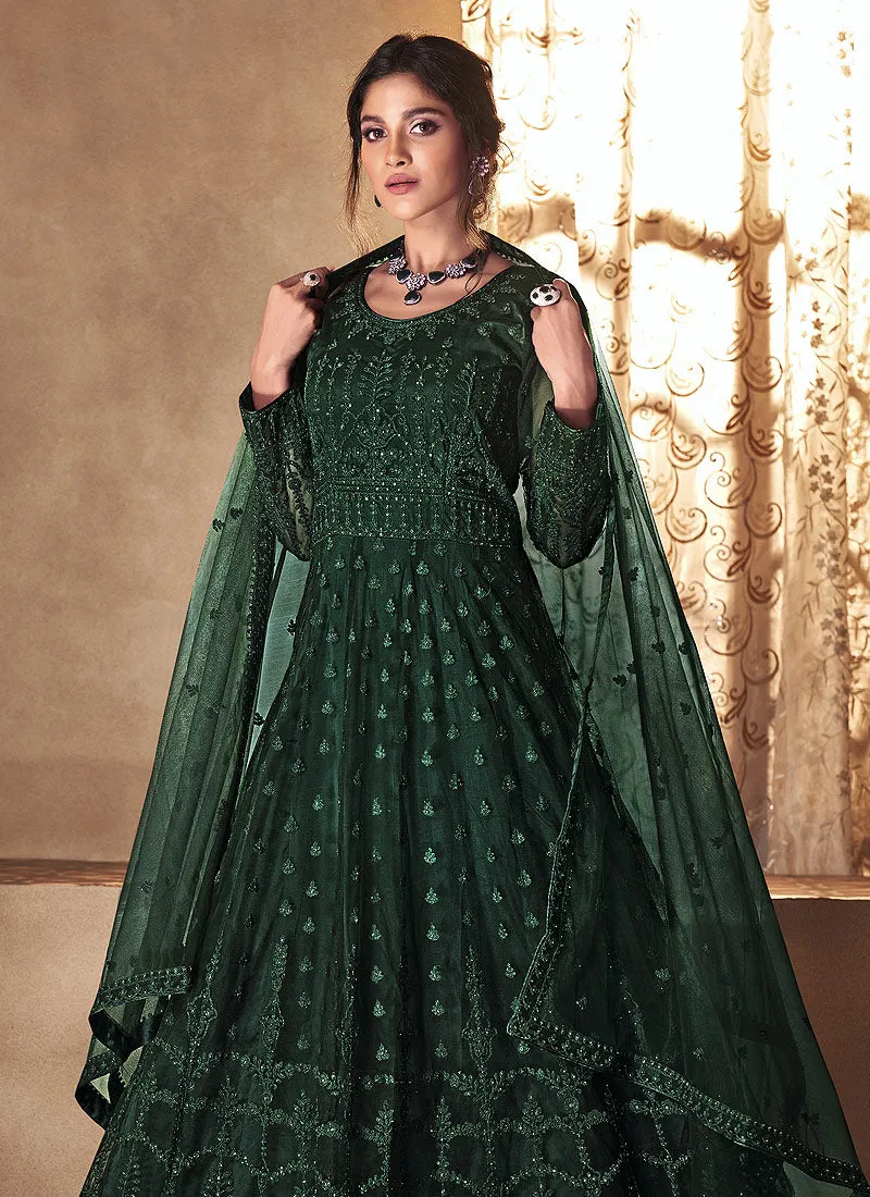 Deep Green Embroidered Flared Anarkali Suit