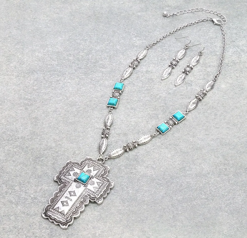 Delora Fashion Stamped Silver Cross Necklace & Earrings