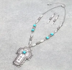 Delora Fashion Stamped Silver Cross Necklace & Earrings