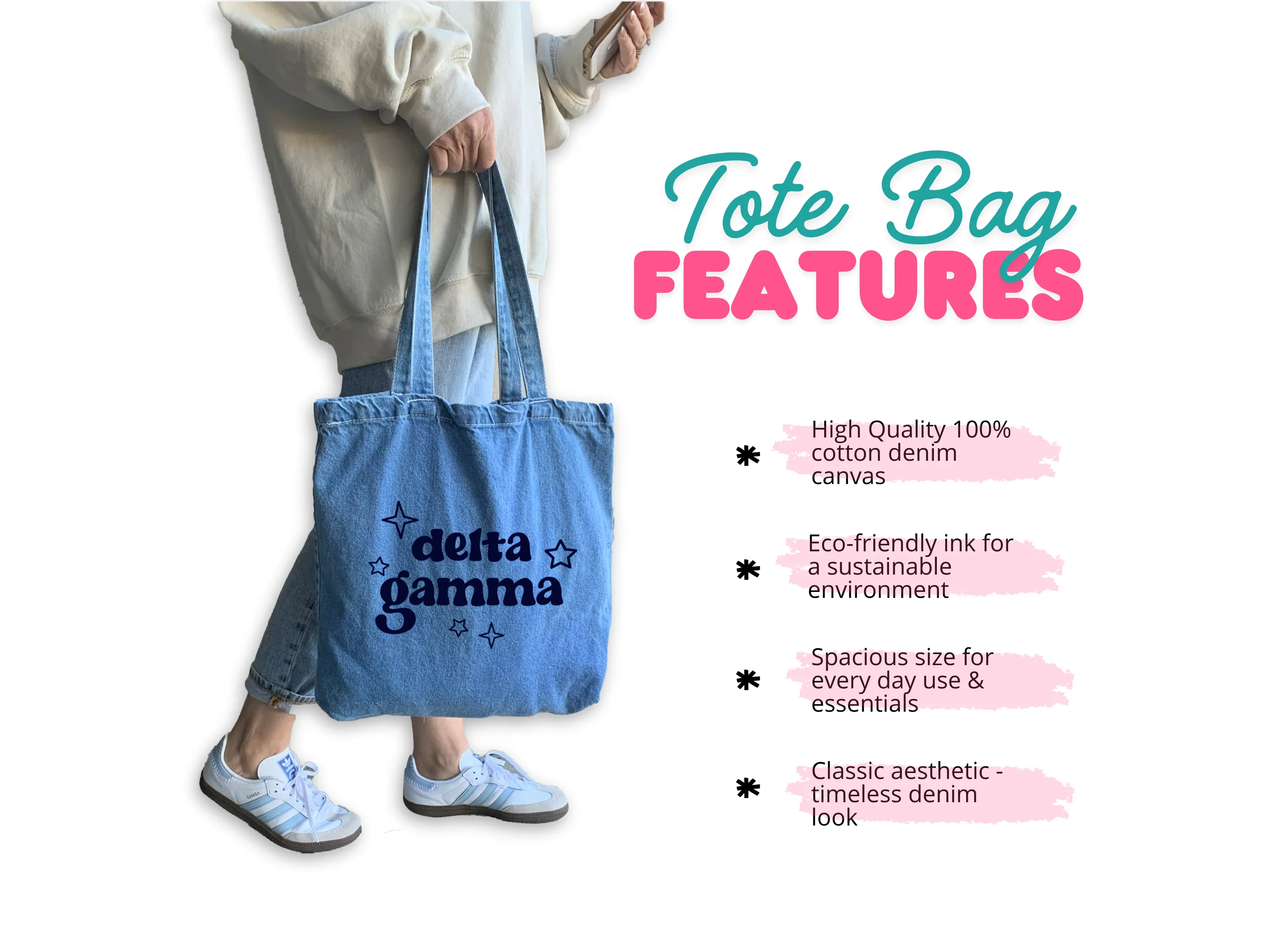 Delta Zeta Denim Tote Bag - Sorority Gift, Big Little Reveal, Bid Day, Greek Life Accessory