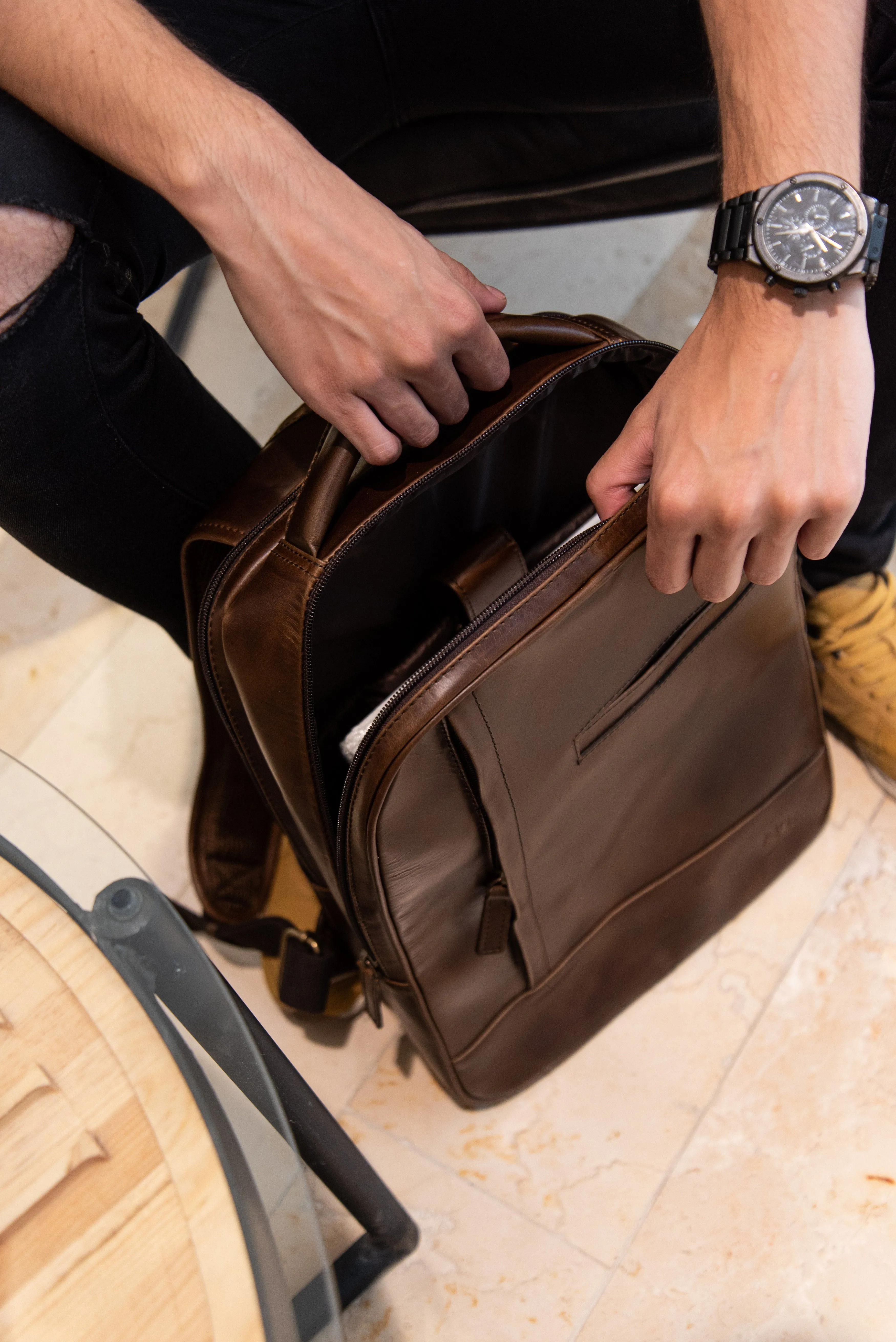 Double compartment backpack  in Dark Wine Leather