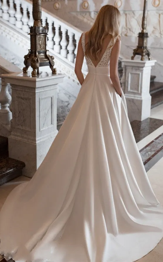 Ethereal A-Line V-neck Satin Court Train Wedding Dress with Pockets-716431