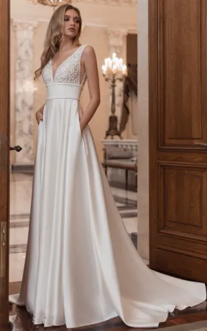 Ethereal A-Line V-neck Satin Court Train Wedding Dress with Pockets-716431
