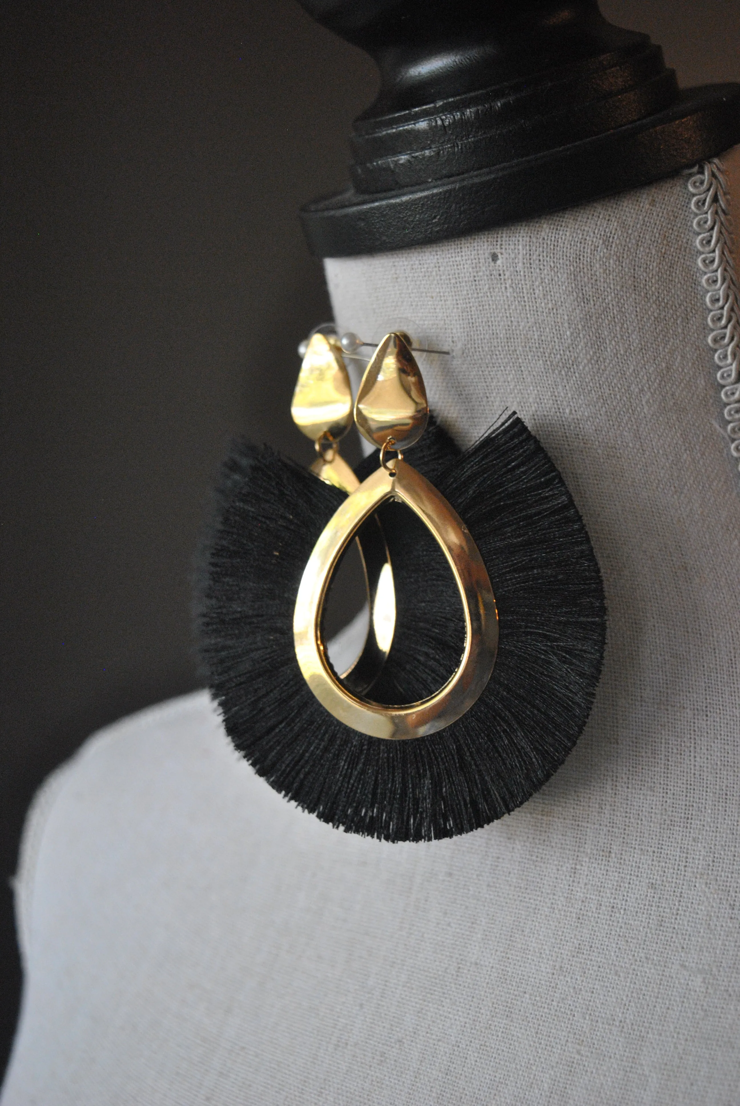FASHION COLLECTION - BLACK TASSEL GOLD STATEMENT EARRINGS