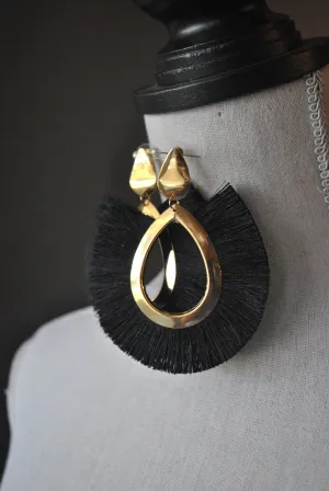 FASHION COLLECTION - BLACK TASSEL GOLD STATEMENT EARRINGS