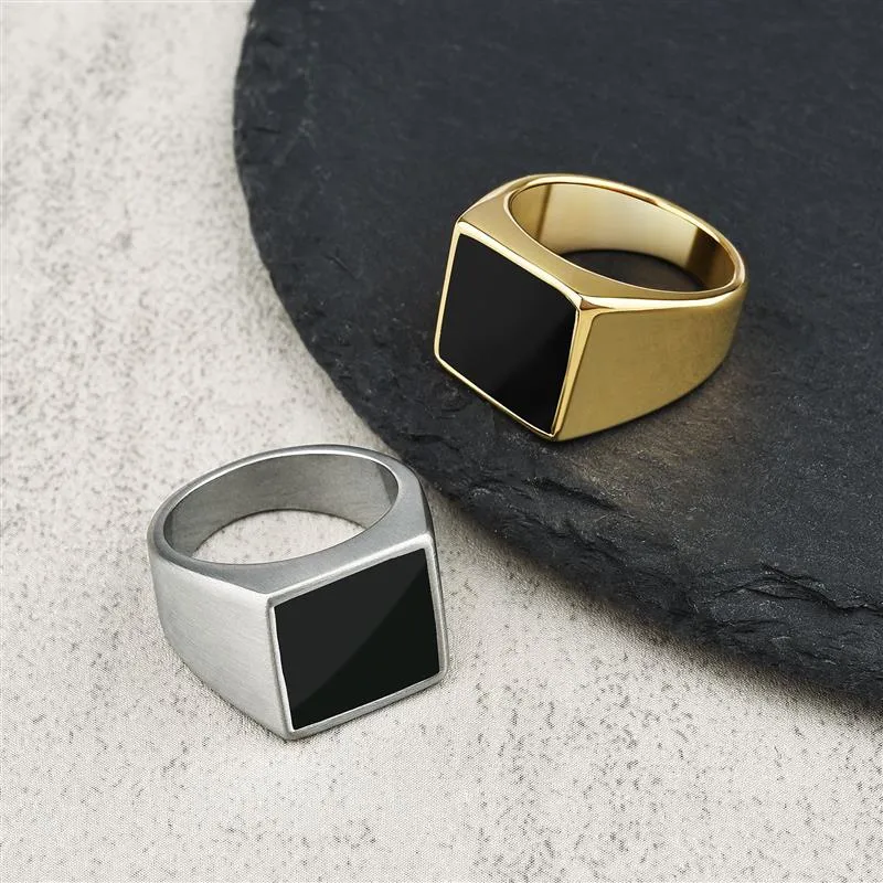 Fashion Ring Square Top Rock Punk Men Signet Biker Rings Stainless Steel Male Jewelry Gold Color Men&#39;s Gift