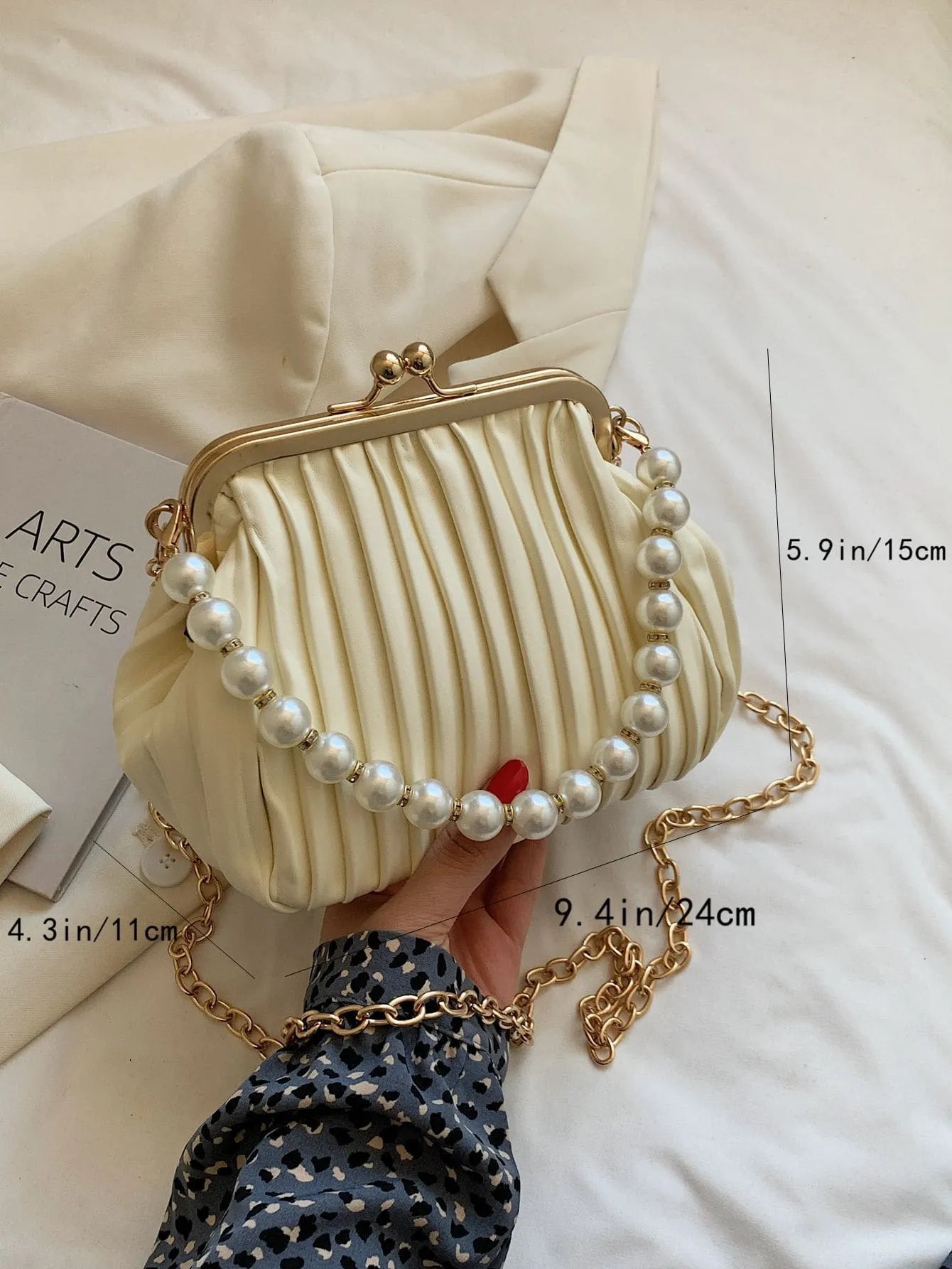 Faux Pearl Decor Kiss Lock Satchel Bag - Beige- FD ⚡