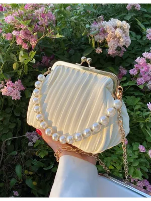 Faux Pearl Decor Kiss Lock Satchel Bag - Beige- FD ⚡