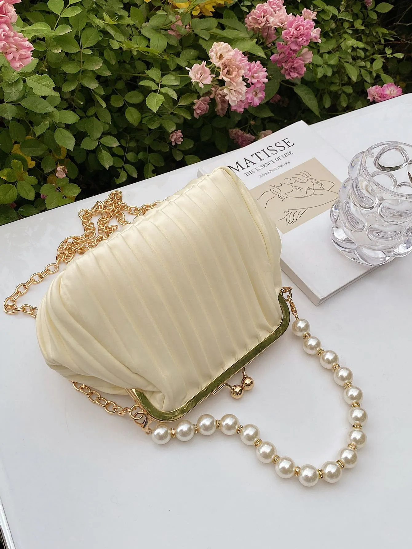 Faux Pearl Decor Kiss Lock Satchel Bag - Beige- FD ⚡
