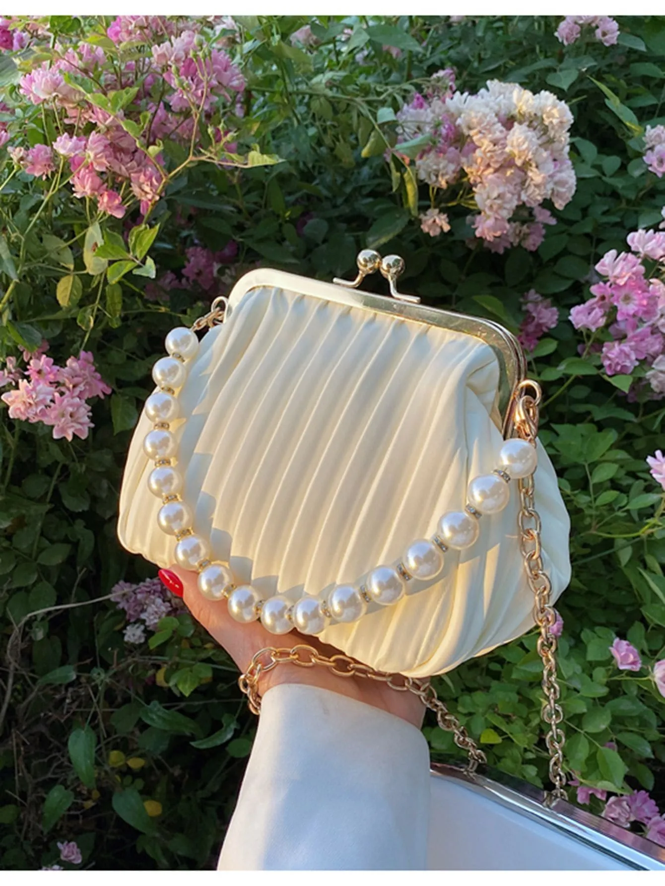 Faux Pearl Decor Kiss Lock Satchel Bag - Beige- FD ⚡