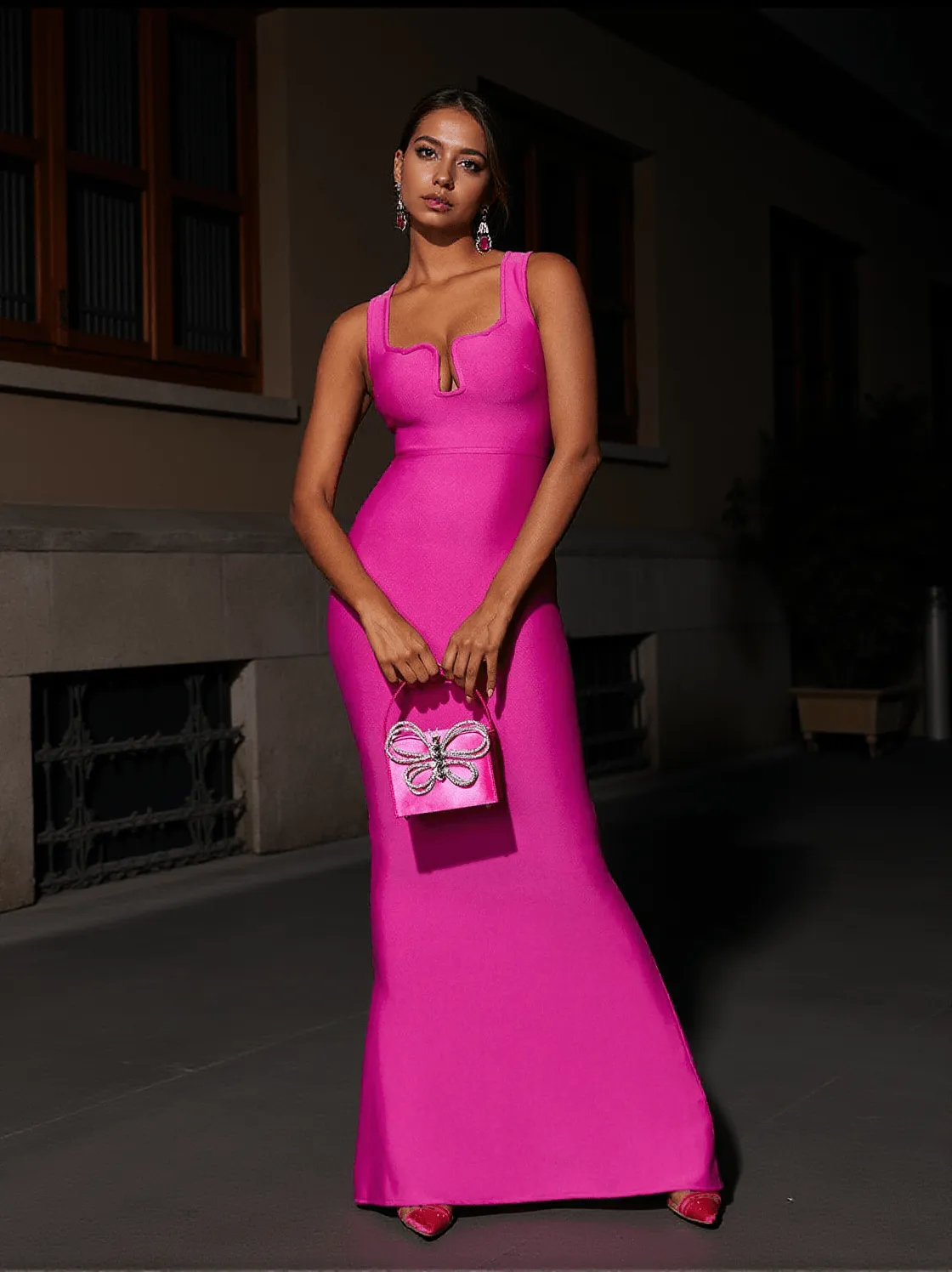 Fia Crystal Butterfly Clutch In Hot Pink