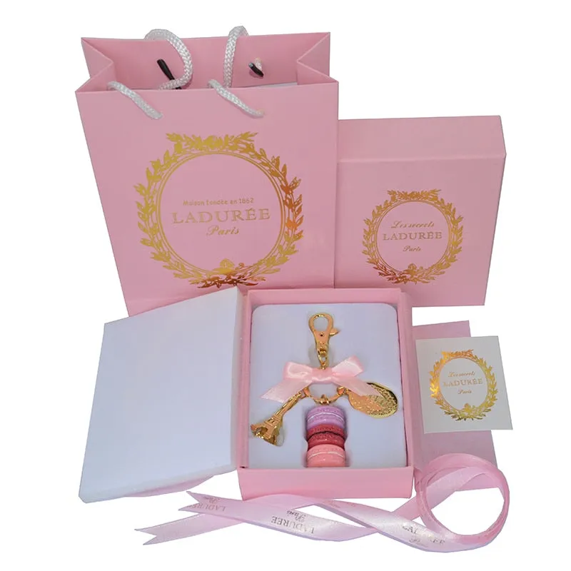 French Macaron Cookies With Effiel Tower Trinket Keychain in Gift Box