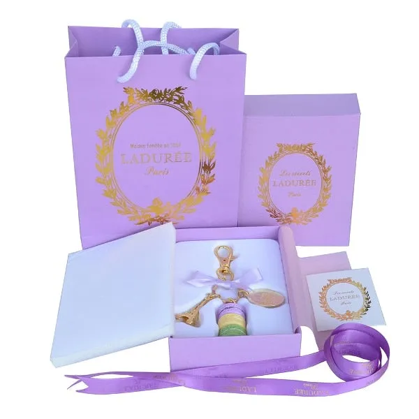 French Macaron Cookies With Effiel Tower Trinket Keychain in Gift Box