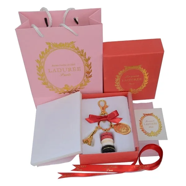French Macaron Cookies With Effiel Tower Trinket Keychain in Gift Box