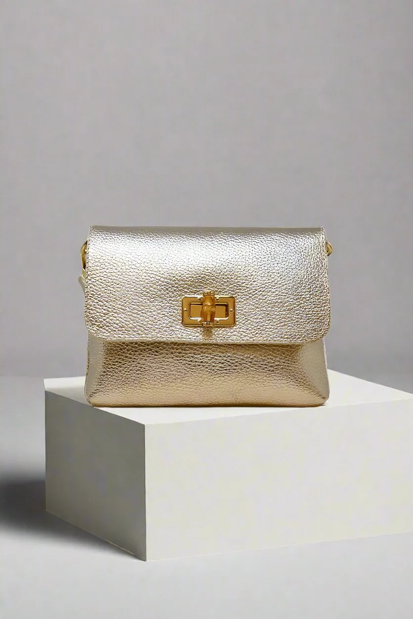 Gold Leather Clutch Bag with Crossbody Strap