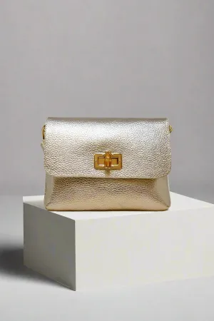 Gold Leather Clutch Bag with Crossbody Strap