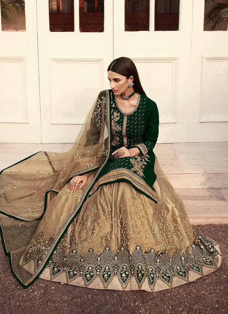 Green And Beige Golden Zari Embroidered Indian Lehenga Suit