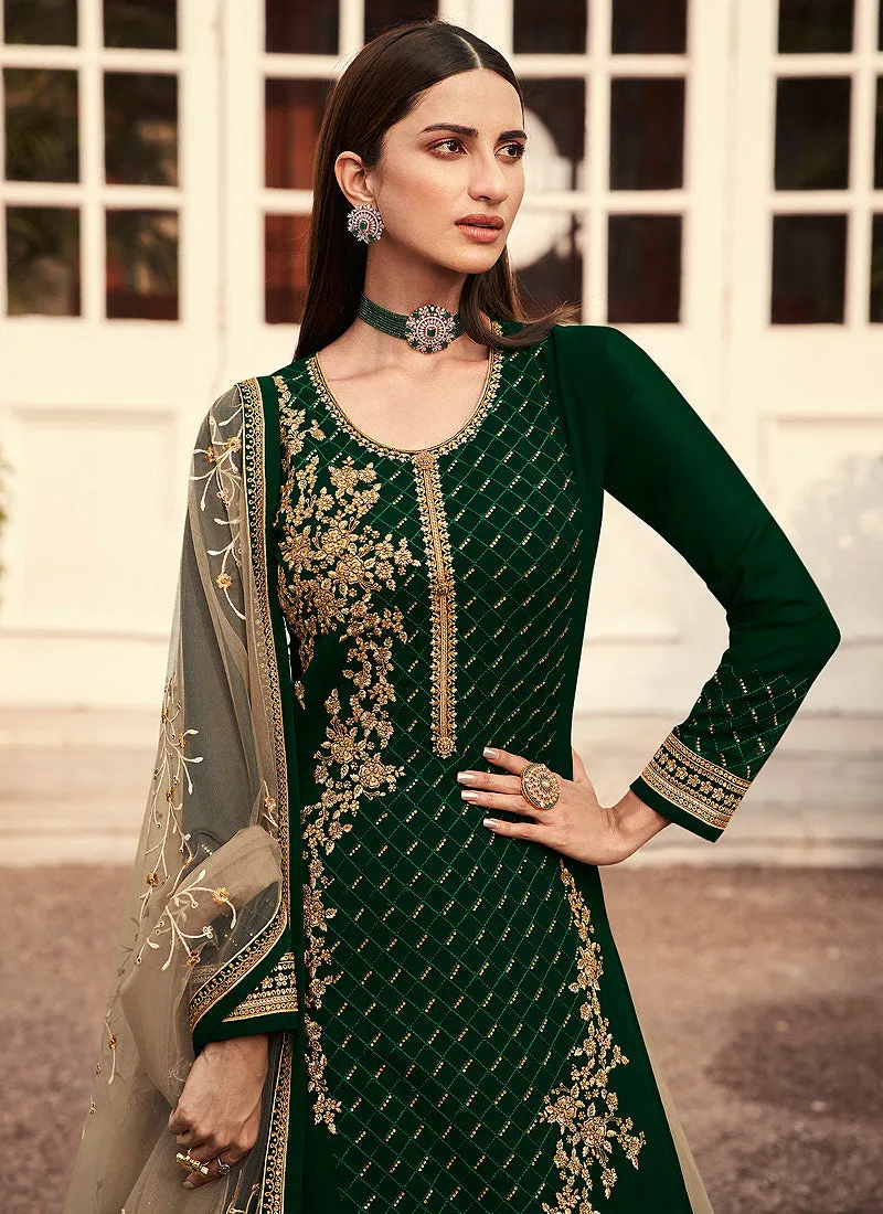 Green And Beige Golden Zari Embroidered Indian Lehenga Suit
