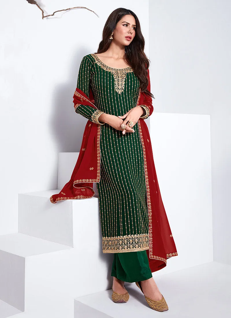 Green And Red Traditional Embroidered Salwar Kameez