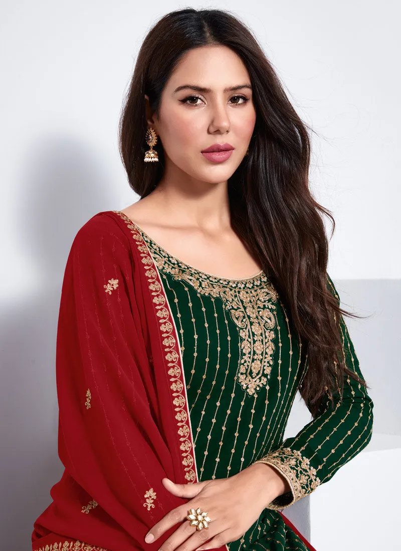 Green And Red Traditional Embroidered Salwar Kameez