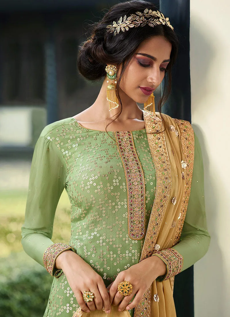 Green And Yellow Embroidered Palazzo Suit