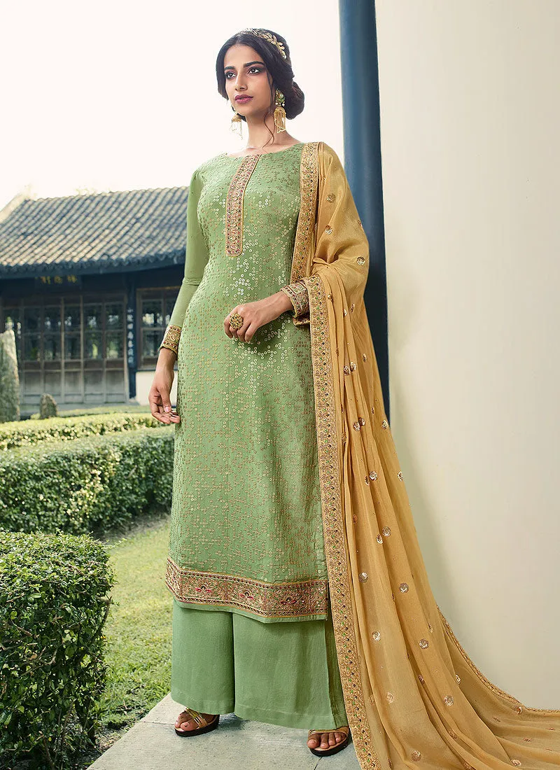 Green And Yellow Embroidered Palazzo Suit