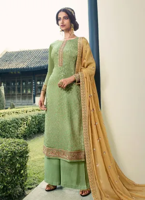 Green And Yellow Embroidered Palazzo Suit
