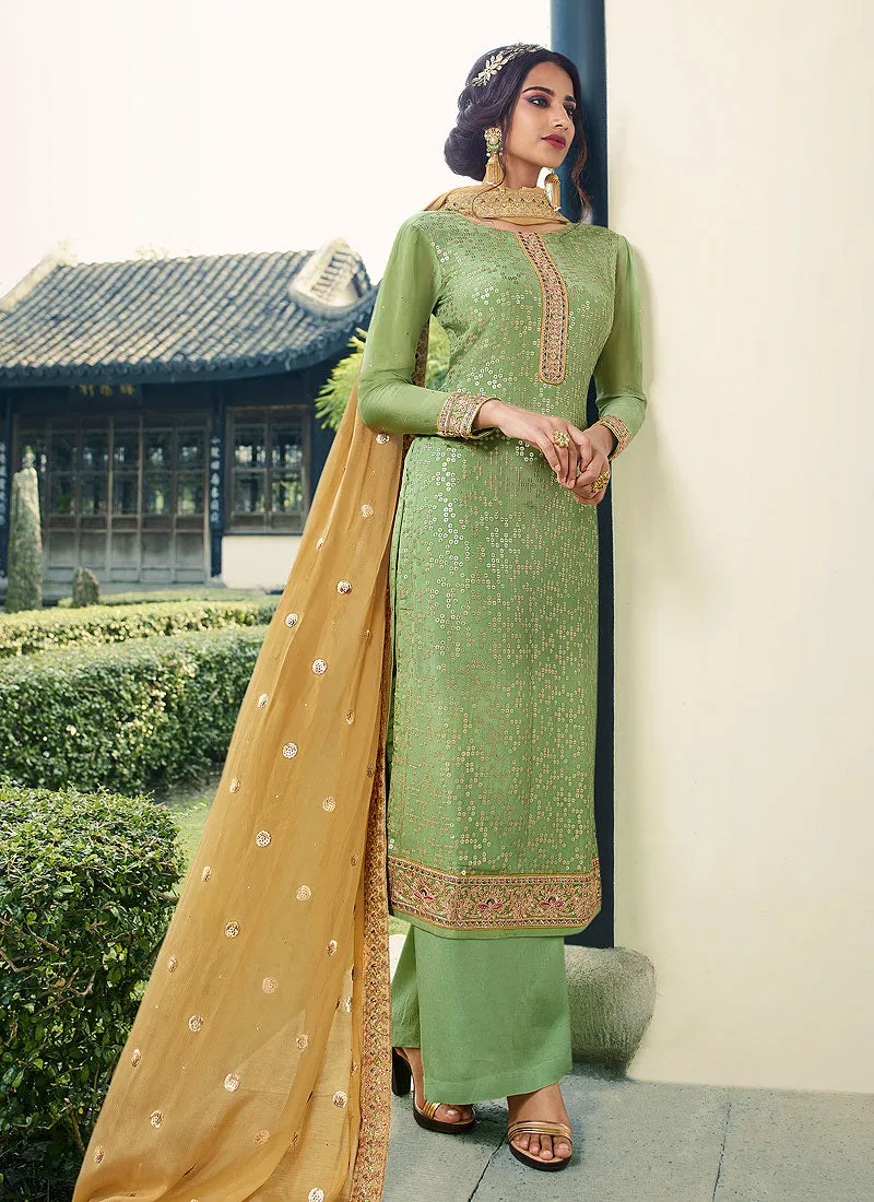 Green And Yellow Embroidered Palazzo Suit