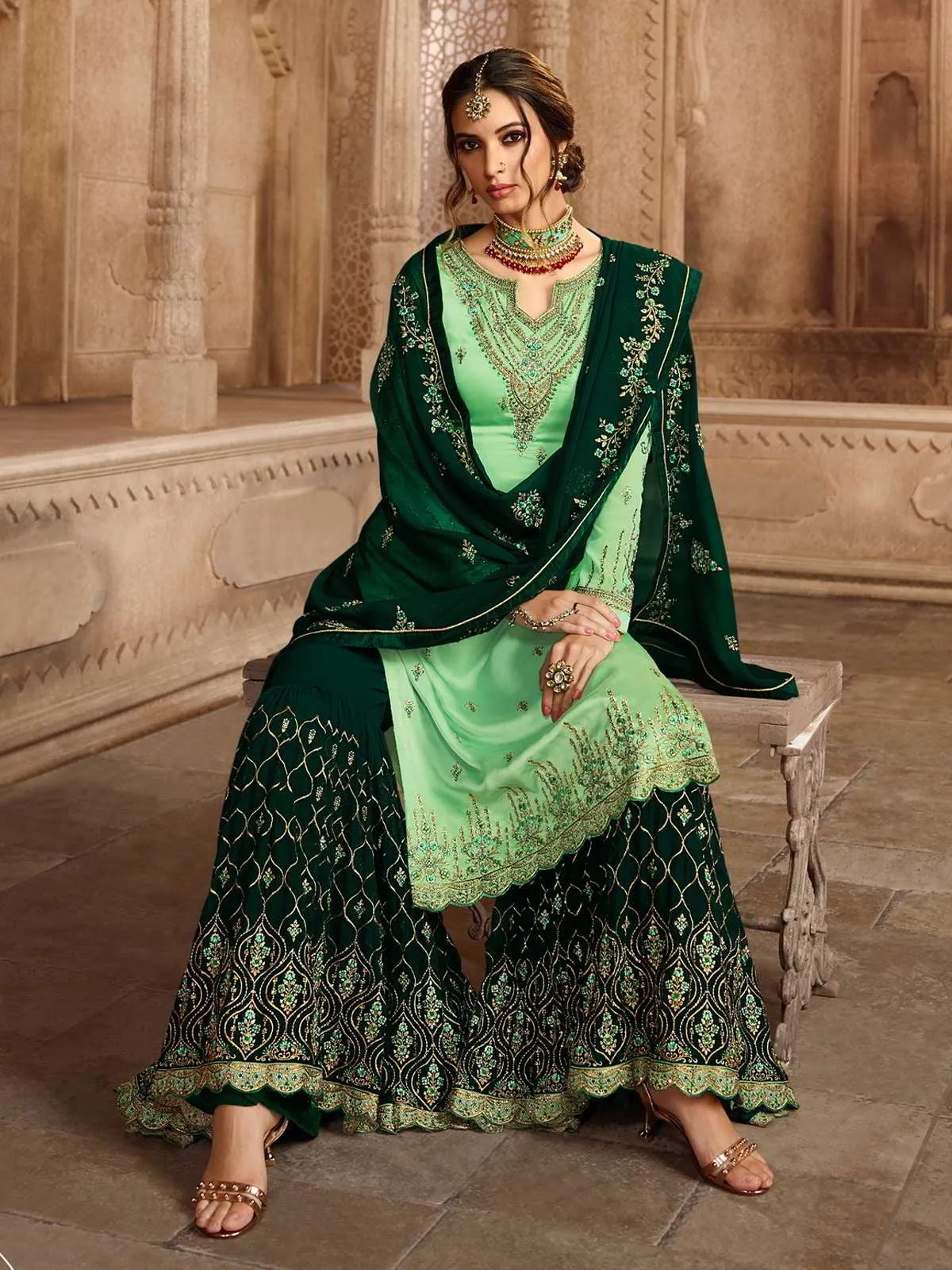 Green Dual Tone Embroidered Pakistani Gharara Suit