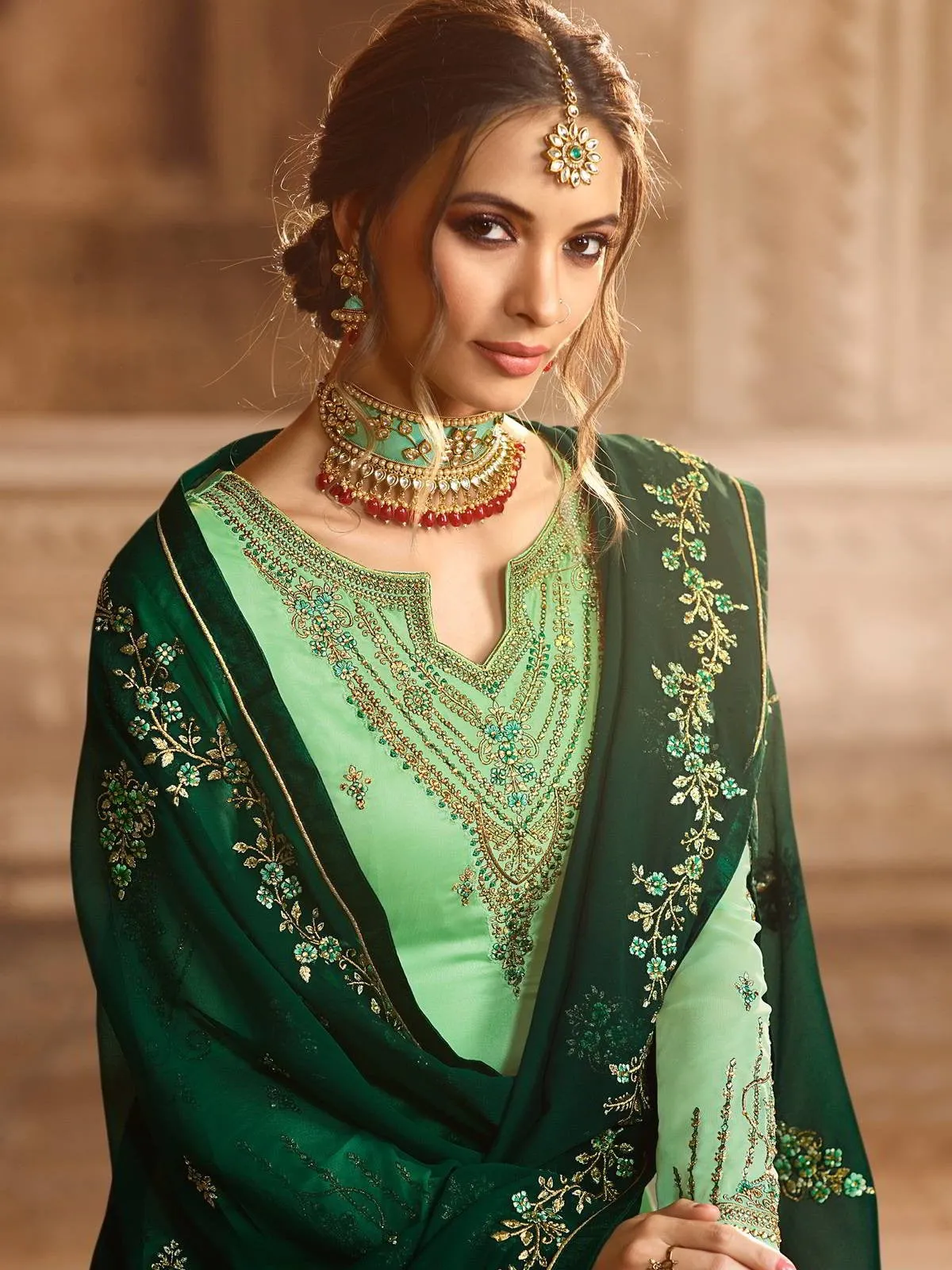 Green Dual Tone Embroidered Pakistani Gharara Suit
