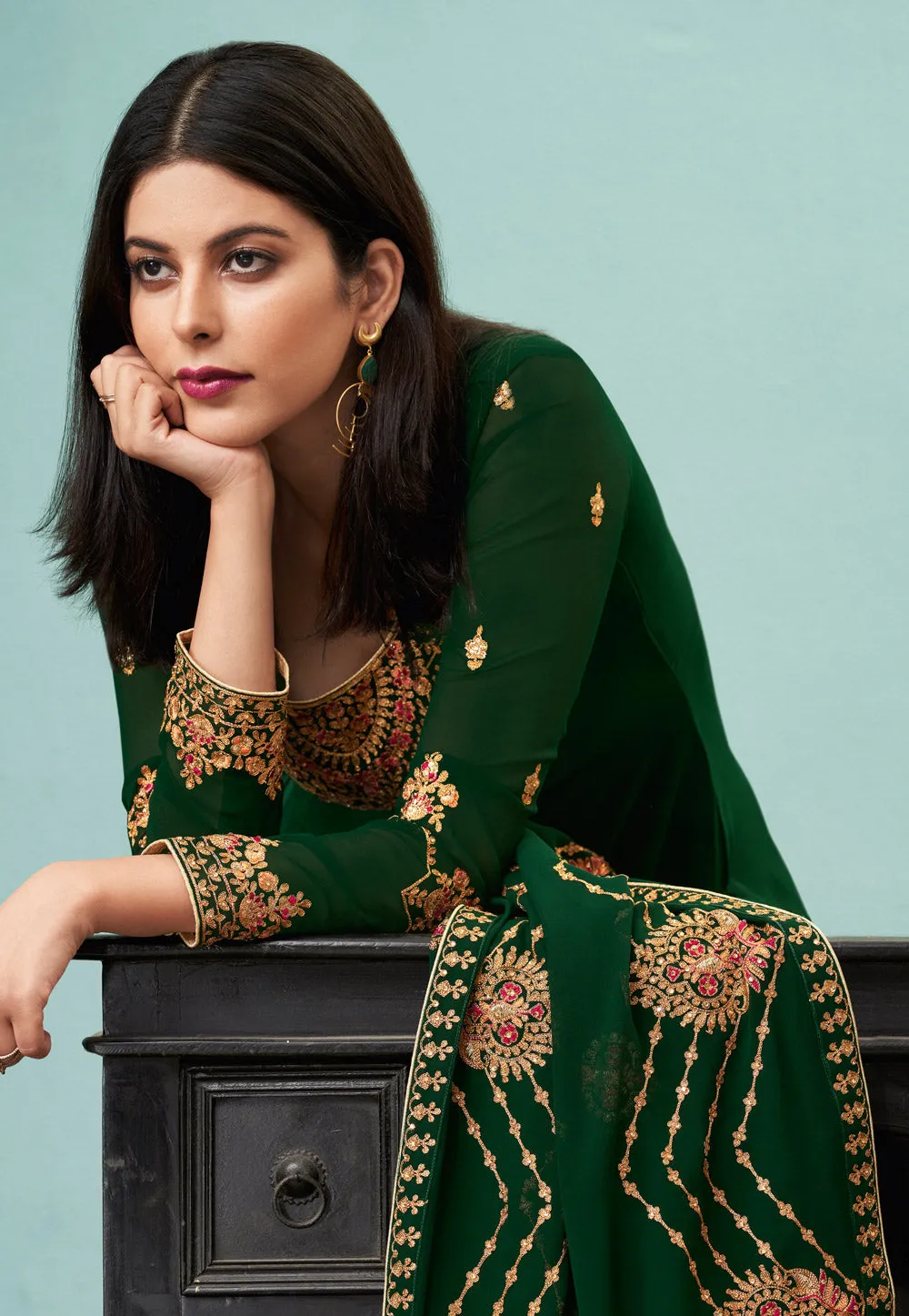 Green Embroidered Pakistani Pant Suit