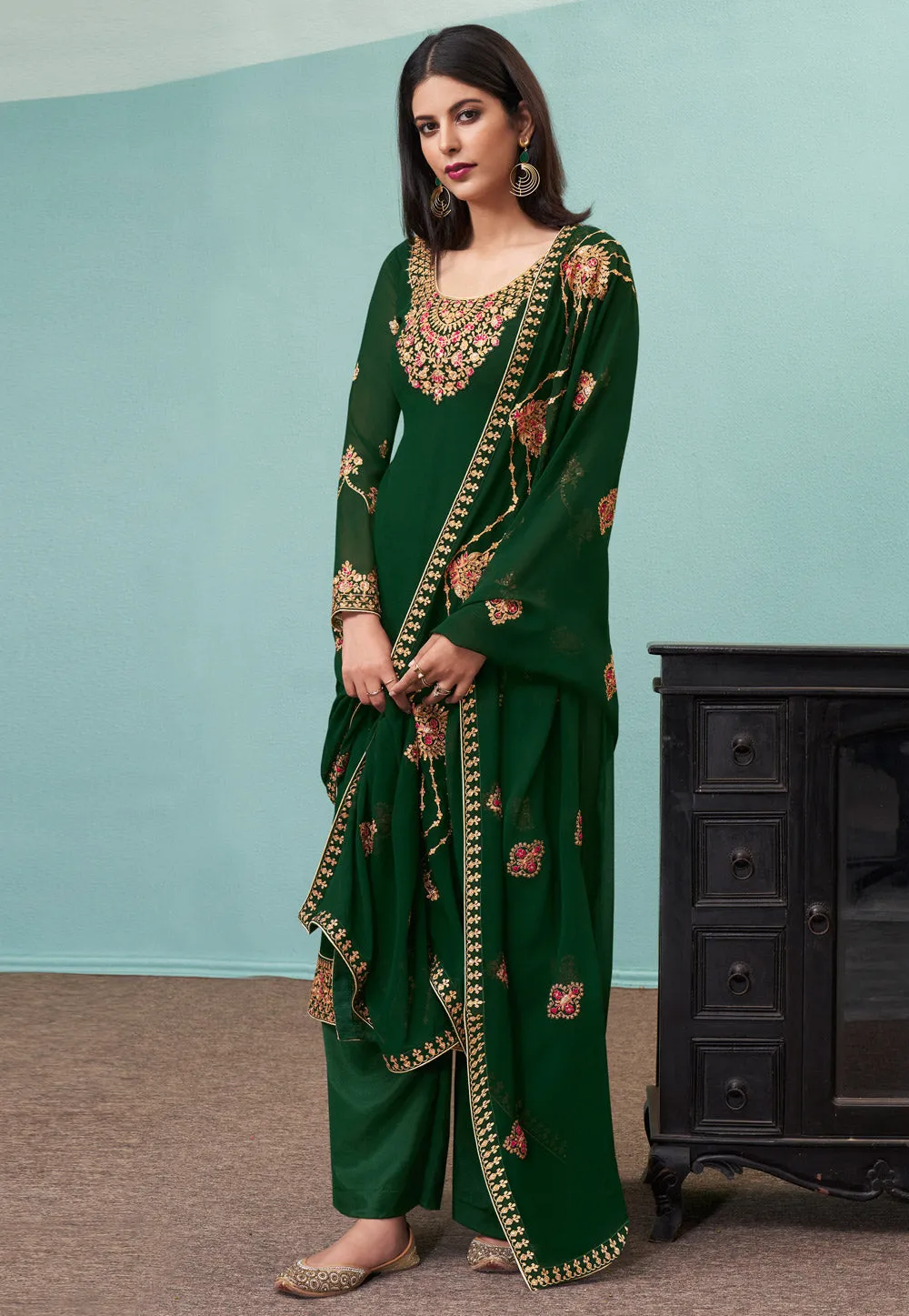 Green Embroidered Pakistani Pant Suit