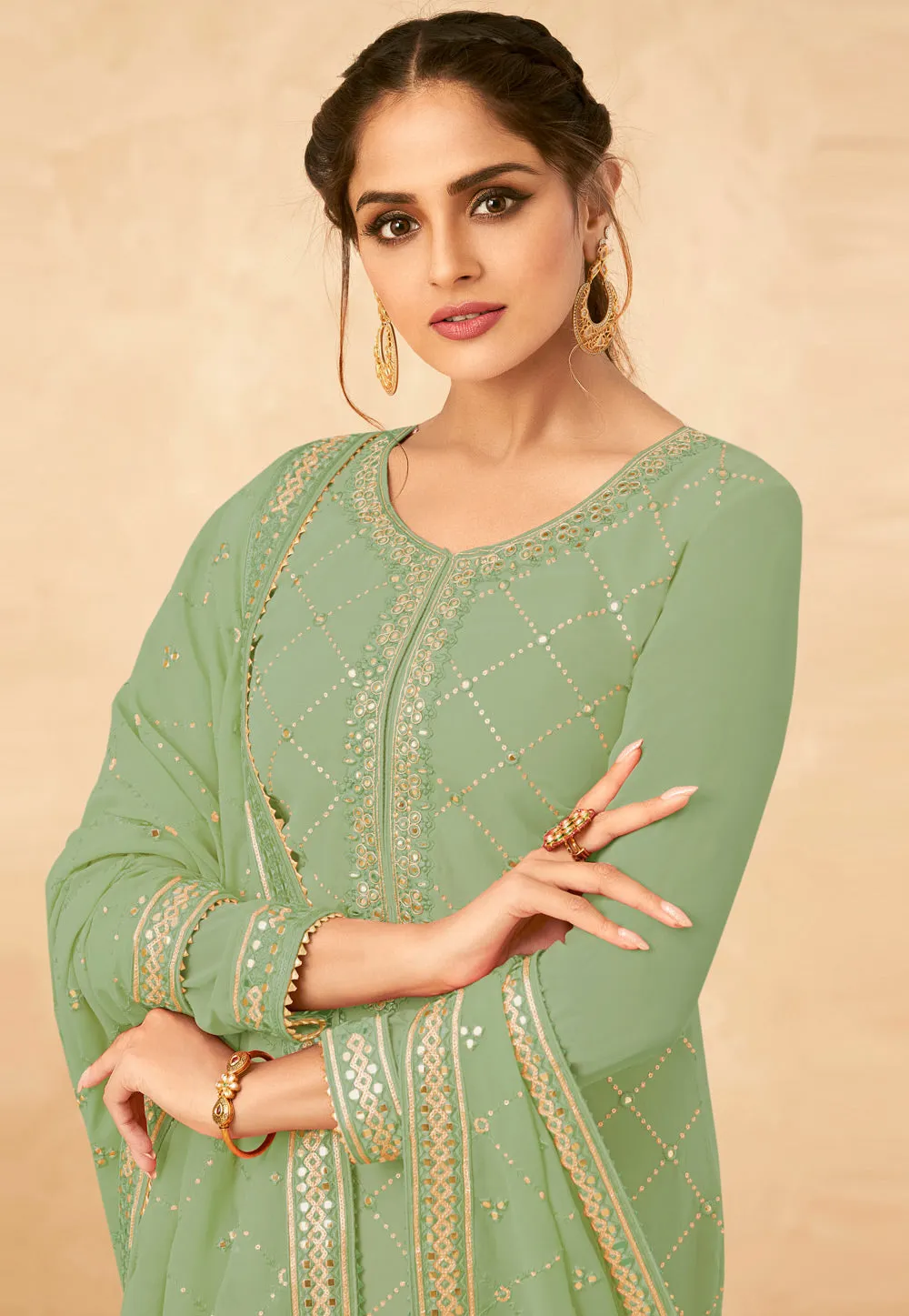 Green Golden Embroidered Palazzo Suit