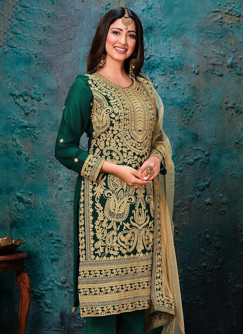Green Golden Embroidered Pant Style Suit