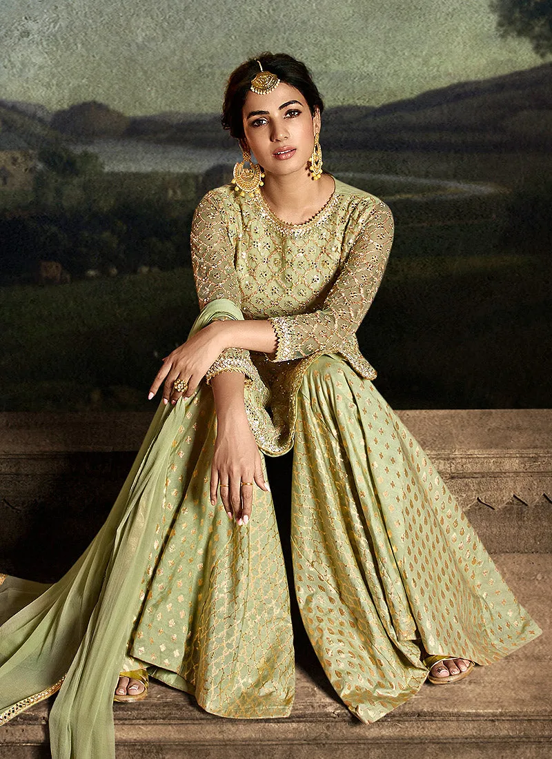 Green Golden Embroidered Sharara Suit