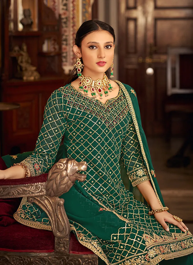 Green Multi Embroidery Traditional Palazzo Suit