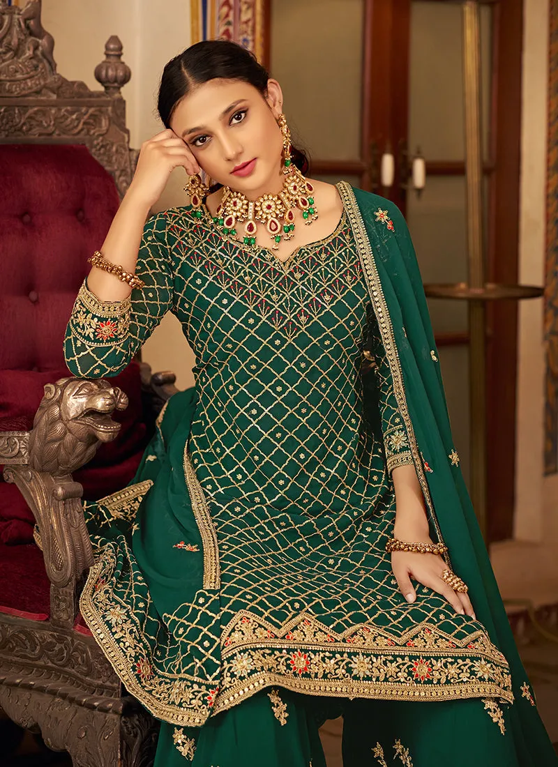Green Multi Embroidery Traditional Palazzo Suit