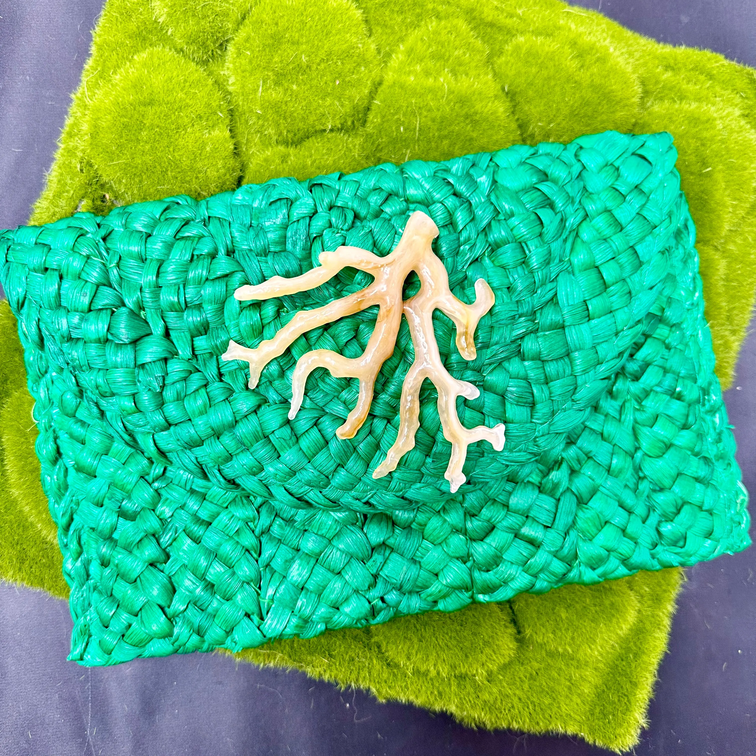Green Straw Clutch with Acetate Coral Detail 520-04 | Erika Williner Designs