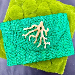 Green Straw Clutch with Acetate Coral Detail 520-04 | Erika Williner Designs