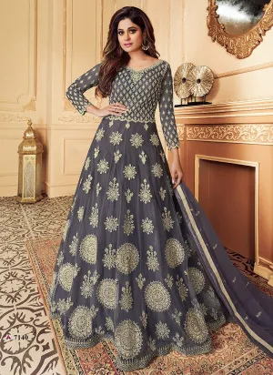 Grey Golden Traditional Embroidered Anarkali Suit