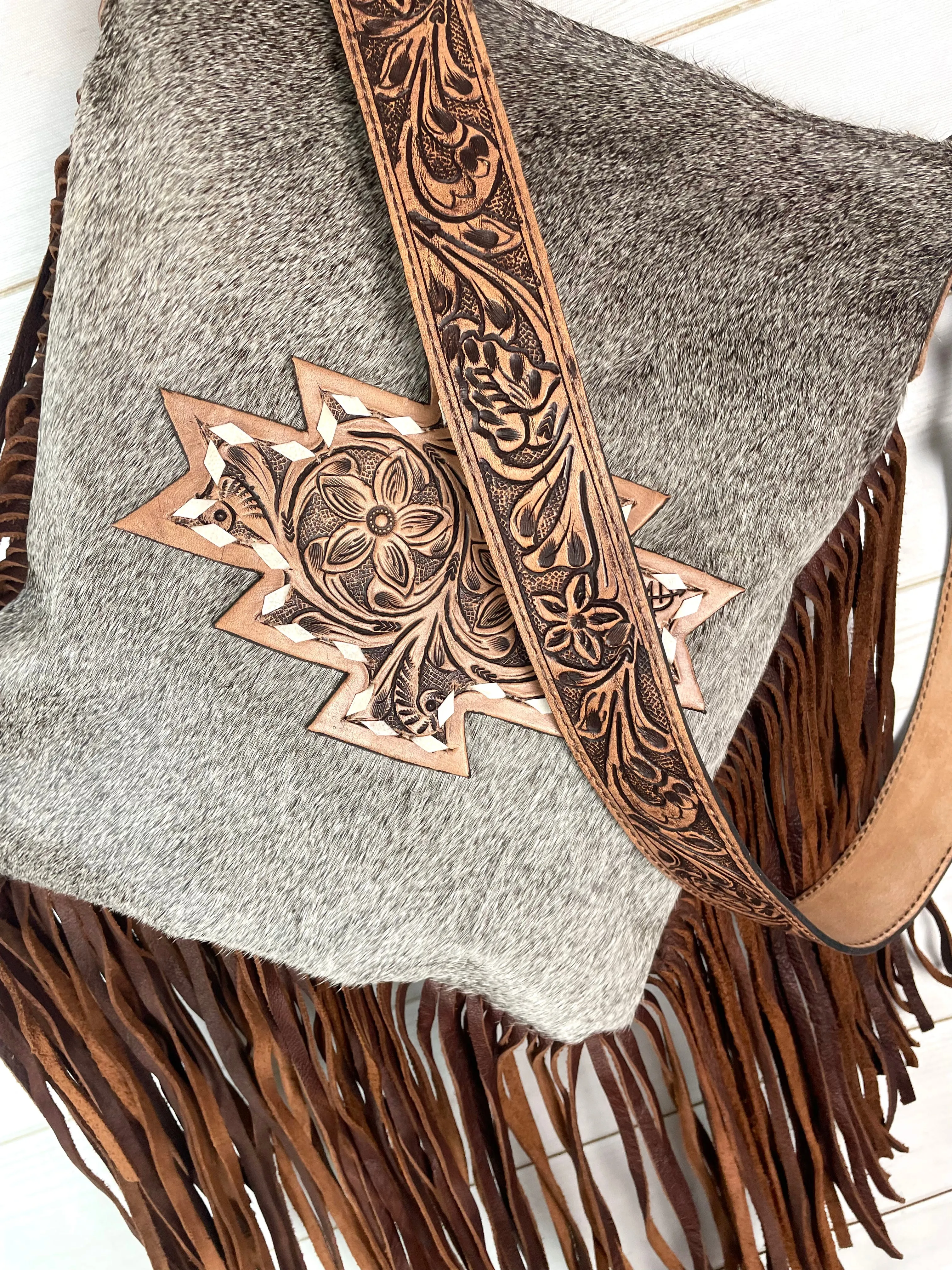 Grey Hair on Hide Leather Tooled Patch Crossbody Bag with Fringe