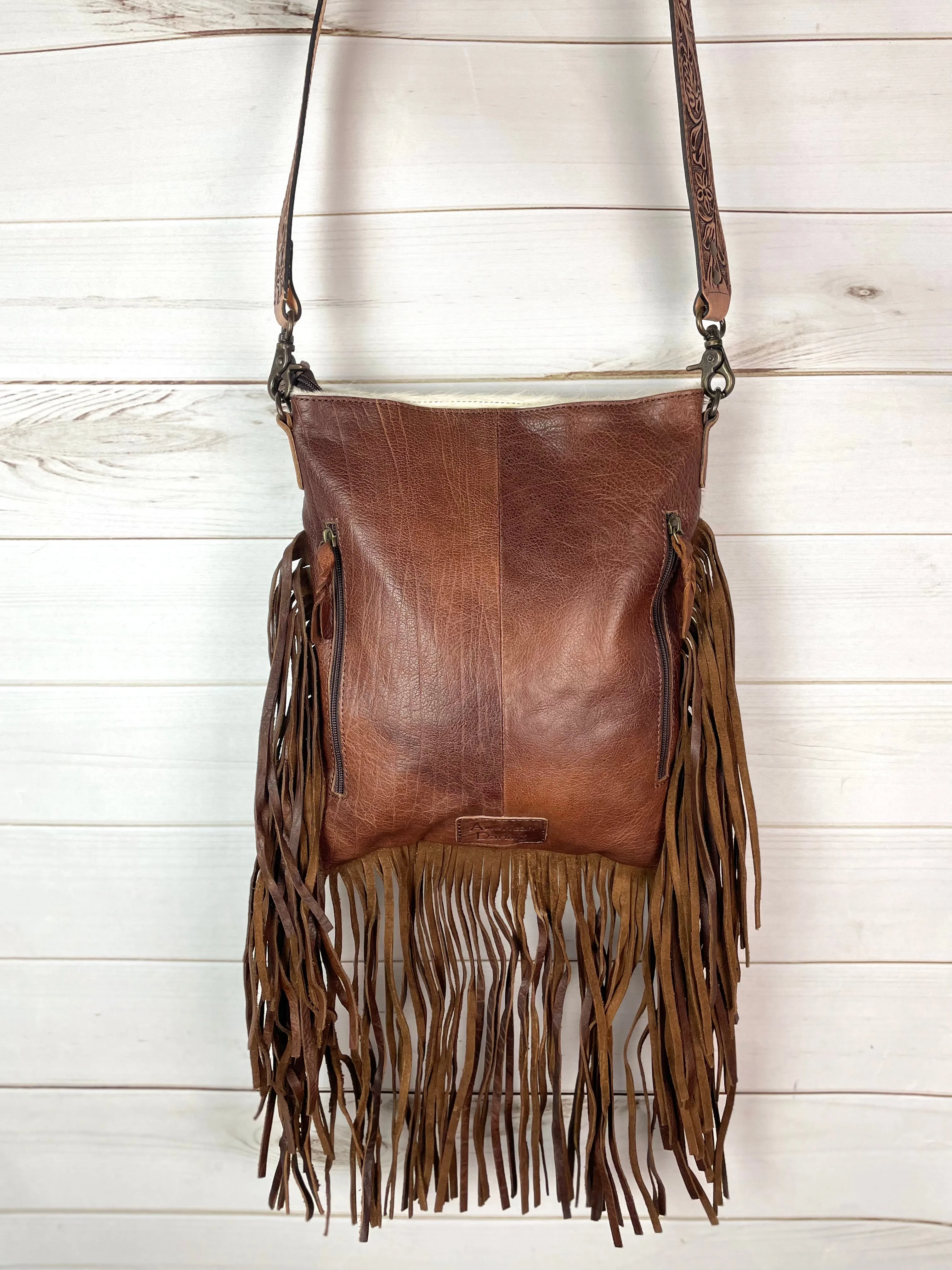 Grey Hair on Hide Leather Tooled Patch Crossbody Bag with Fringe