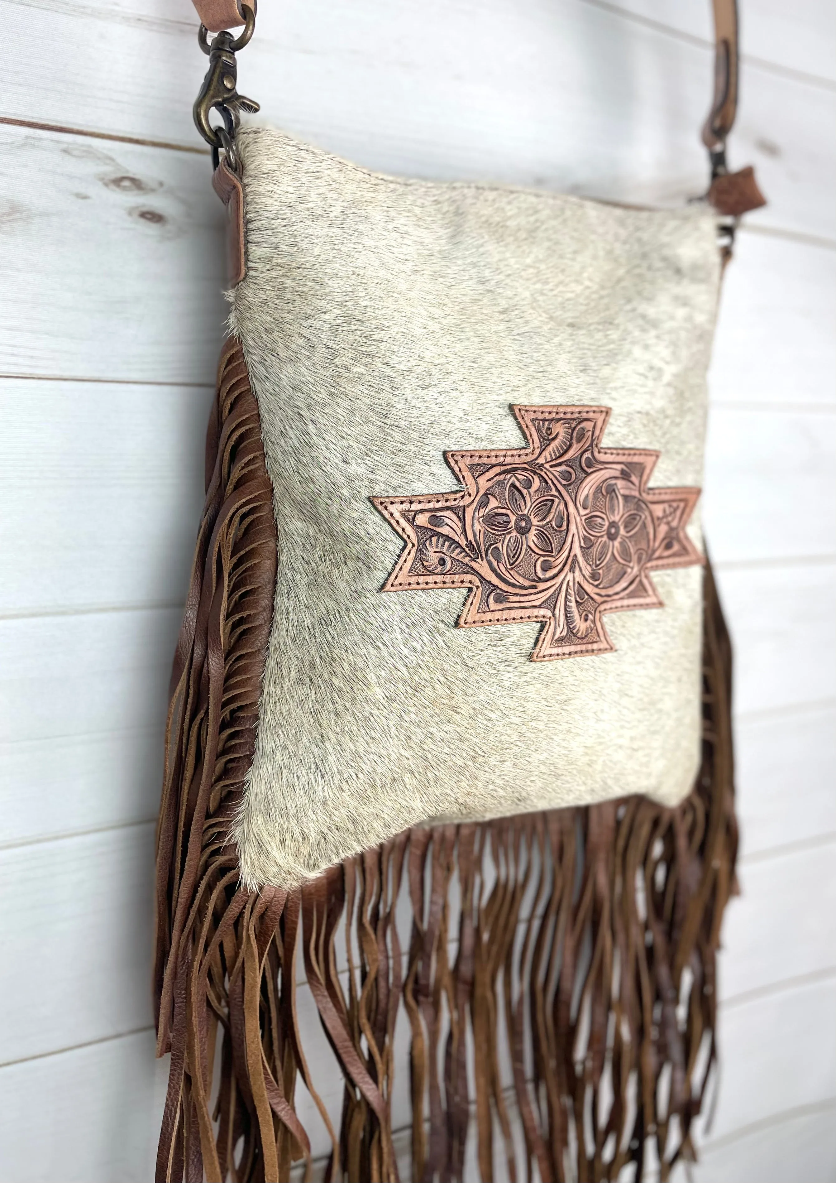 Grey Hair on Hide Leather Tooled Patch Crossbody Bag with Fringe
