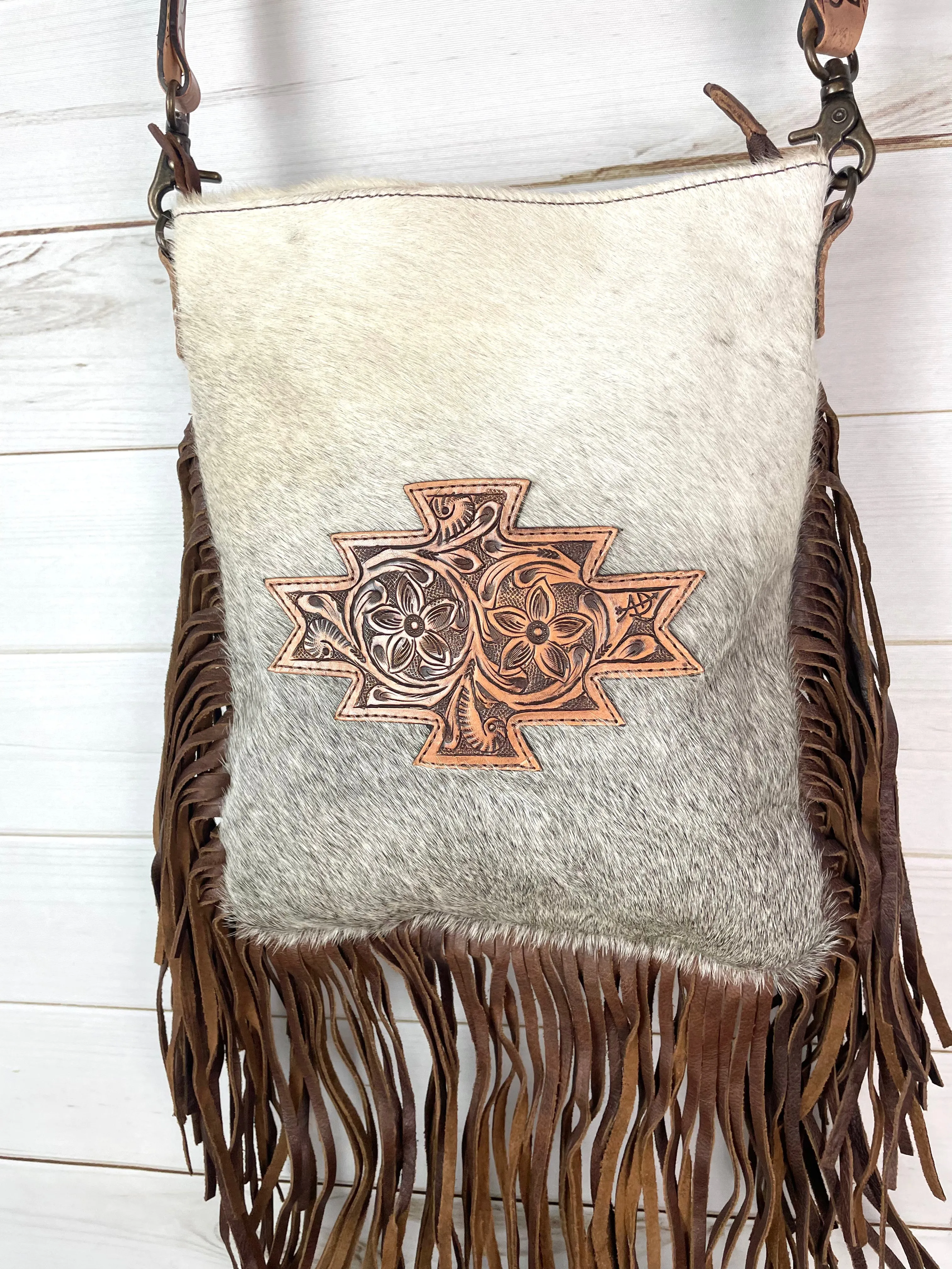 Grey Hair on Hide Leather Tooled Patch Crossbody Bag with Fringe