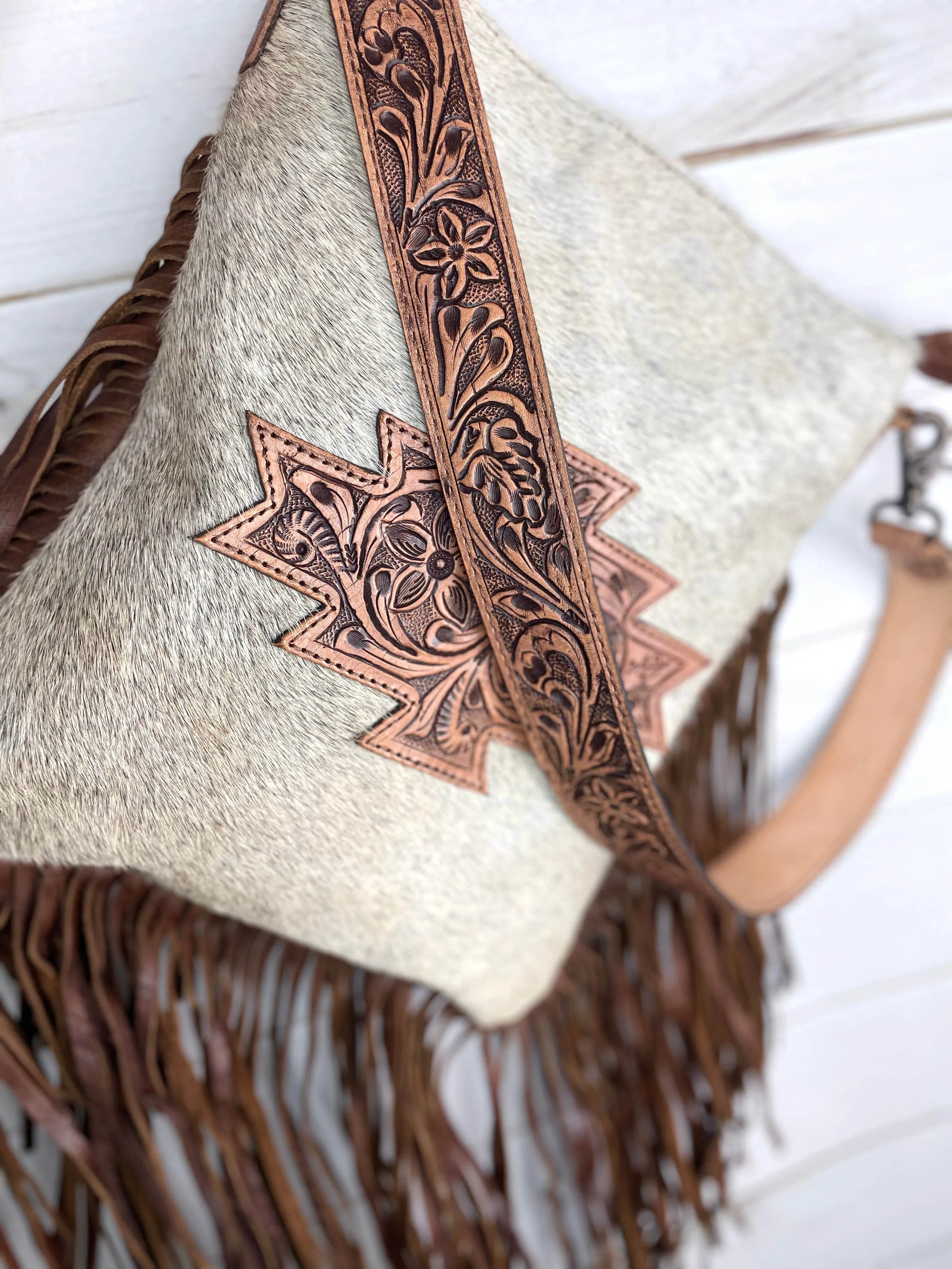 Grey Hair on Hide Leather Tooled Patch Crossbody Bag with Fringe