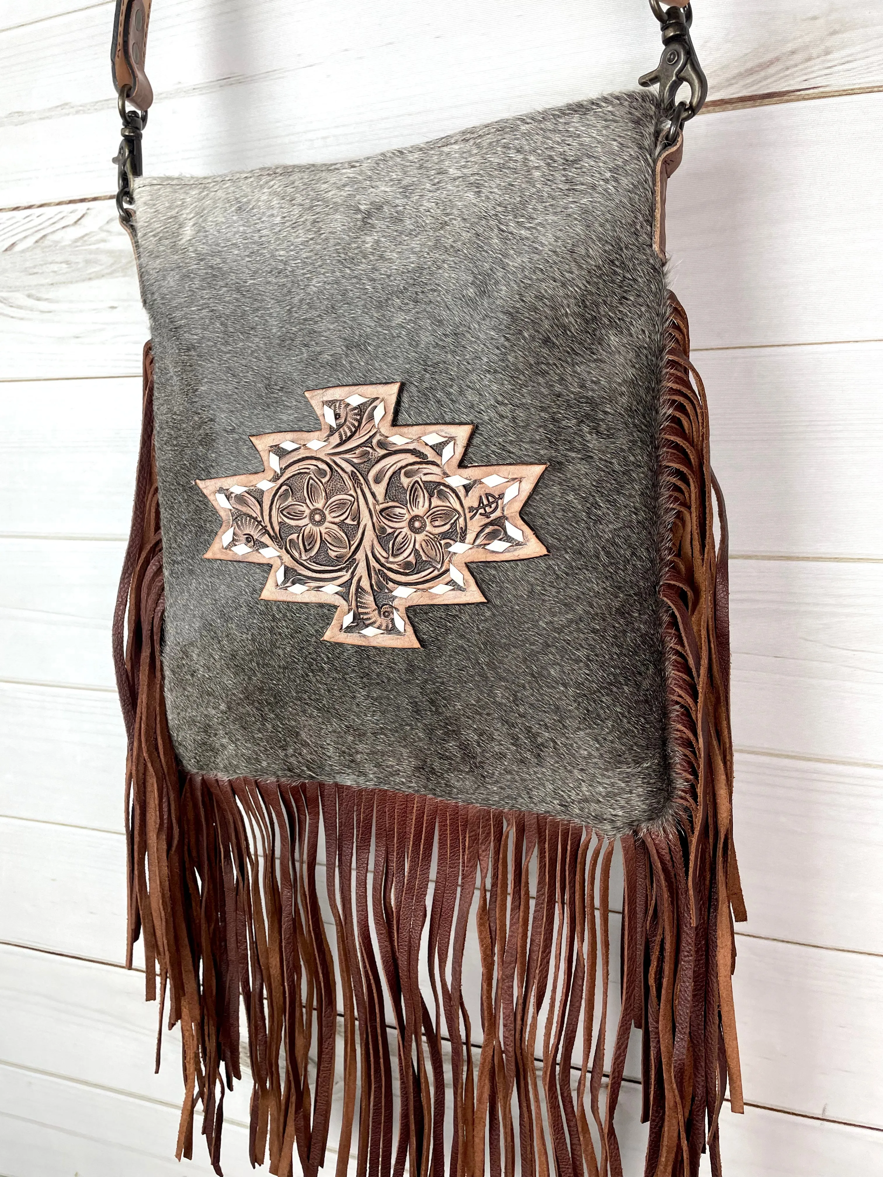 Grey Hair on Hide Leather Tooled Patch Crossbody Bag with Fringe