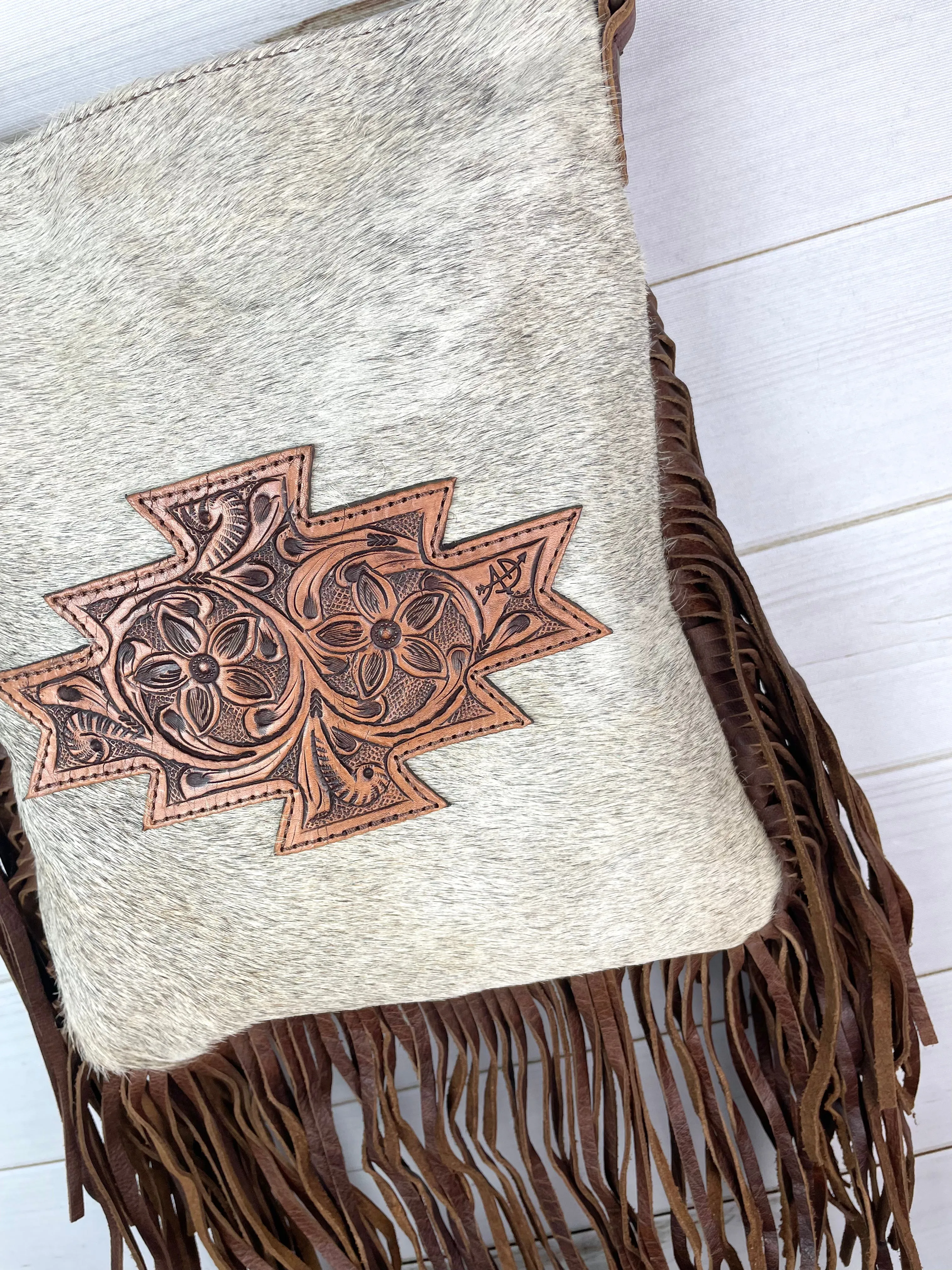 Grey Hair on Hide Leather Tooled Patch Crossbody Bag with Fringe