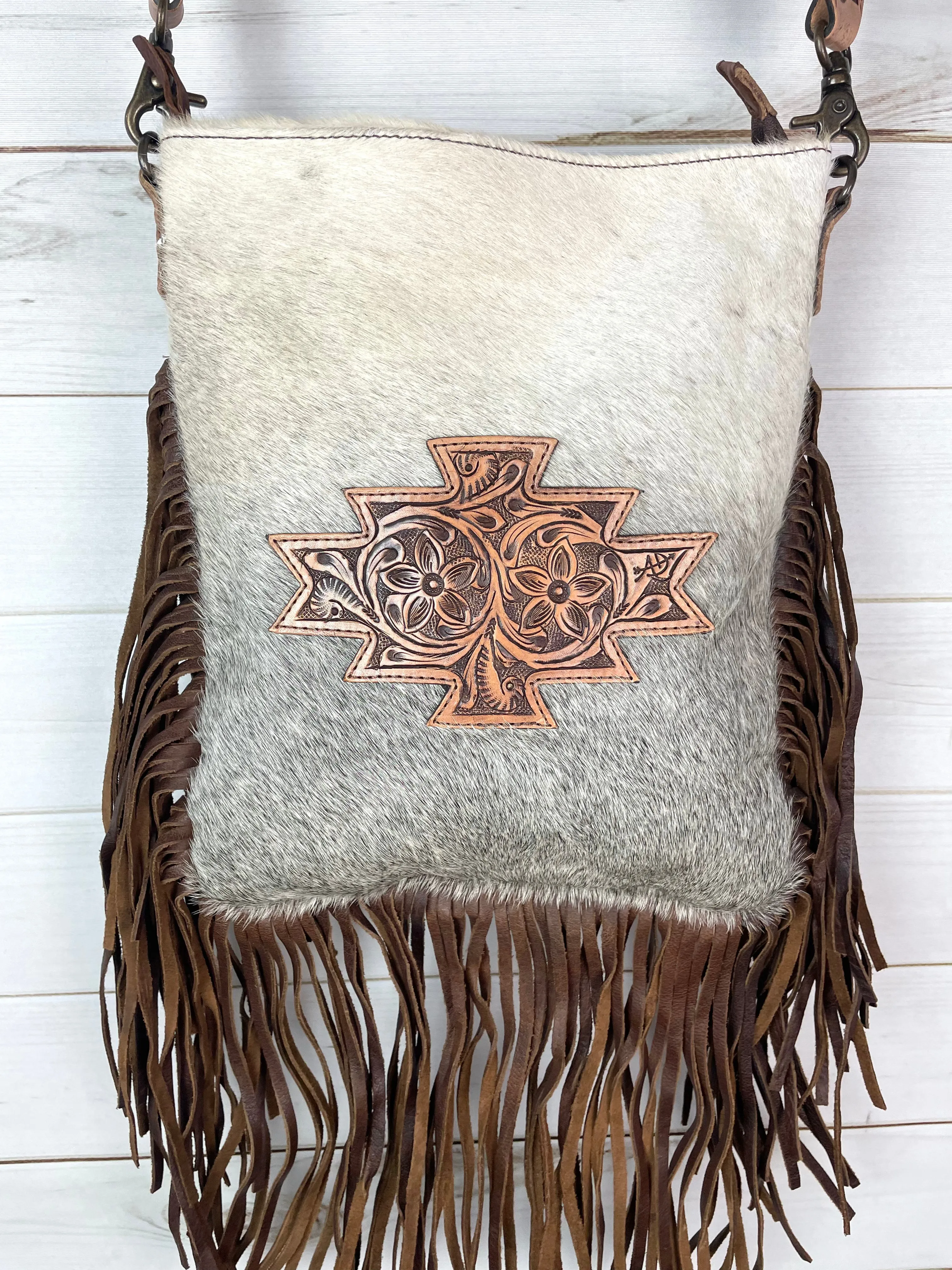 Grey Hair on Hide Leather Tooled Patch Crossbody Bag with Fringe